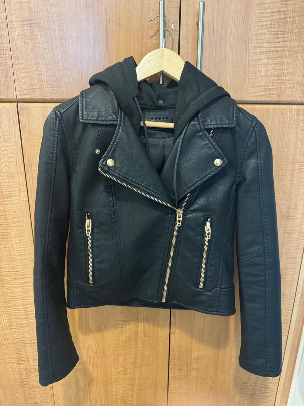 Blank NYC Black Faux Leather Moto Jacket with Hooded Layer